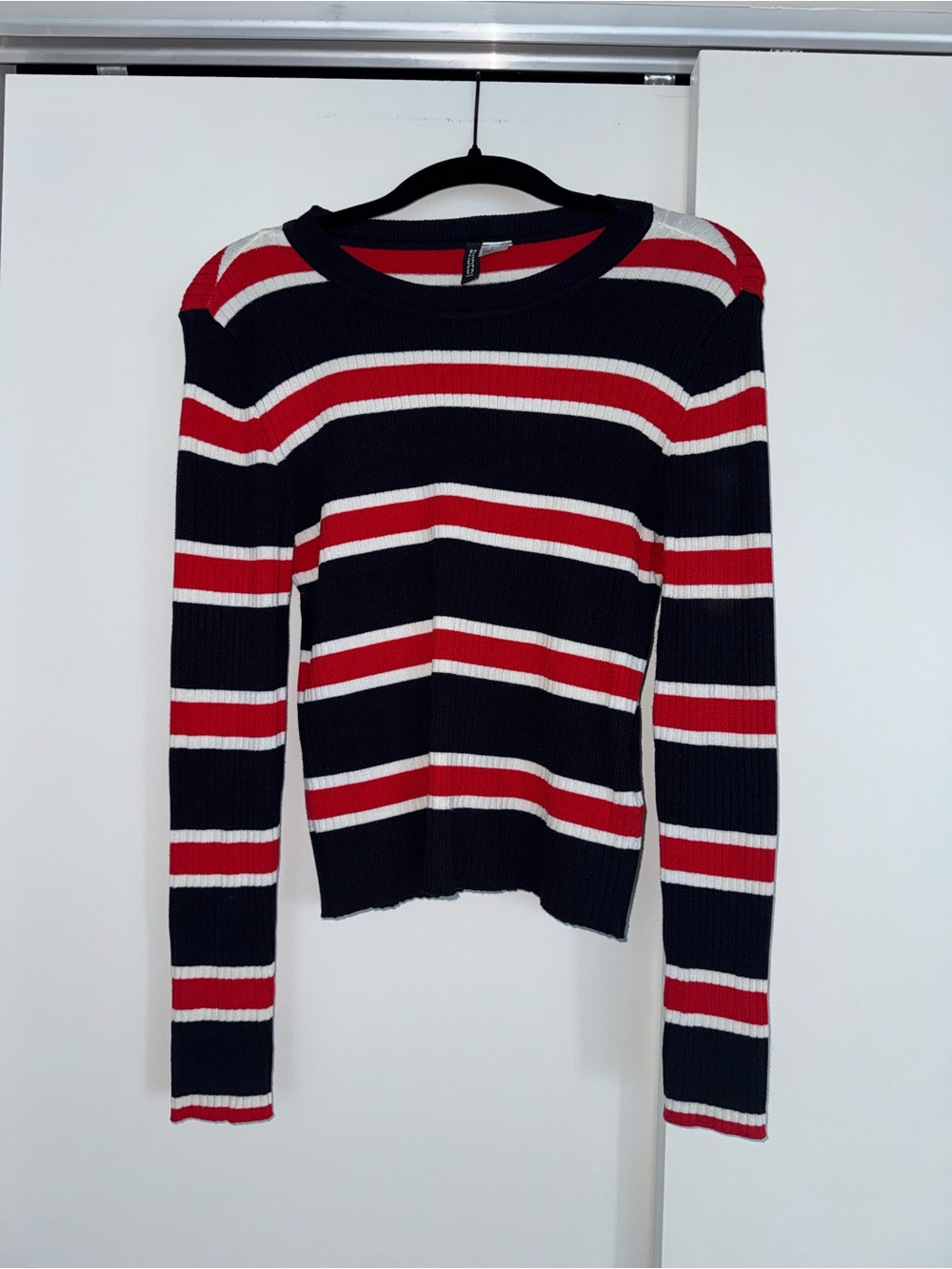 H&M Navy, Red & White Striped Ribbed Crewneck Sweater